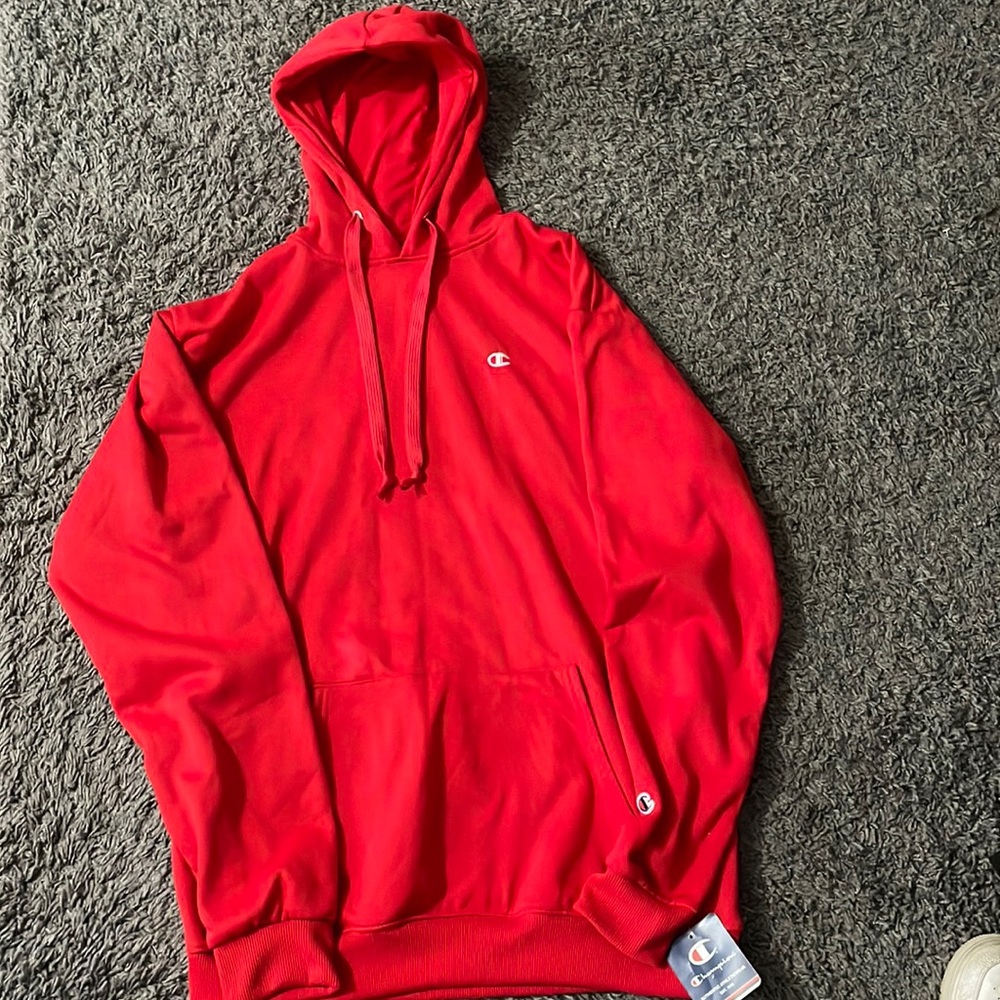 Red champion pullover hoodie.